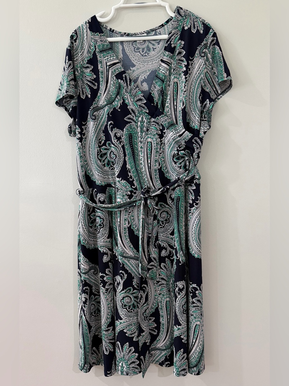 VINTAGE Olivia Matthews Blue Green White Paisley Women's PLUS Midi Formal Dress